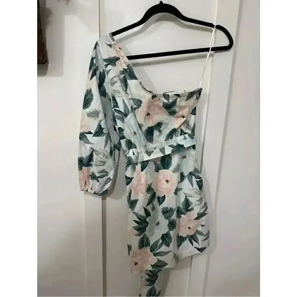 One-Shoulder Floral Mini Dress in White with Pink & Green